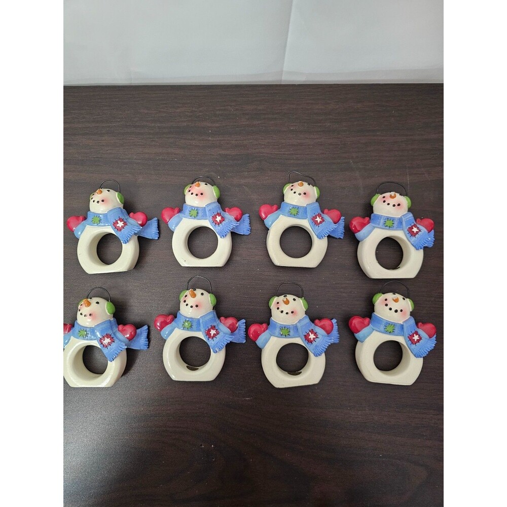 Set of 8 Ceramic Snowman Napkin Rings Blue Scarves Ear Muffs Christmas Table